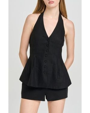 Wayf Paloma Button-Up Peplum Halter Top - Black
