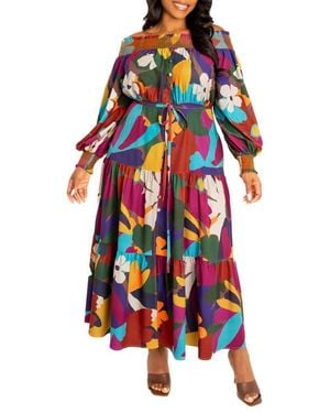 Buxom Couture Floral Off The Shoulder Long Sleeve Maxi Dress - Red