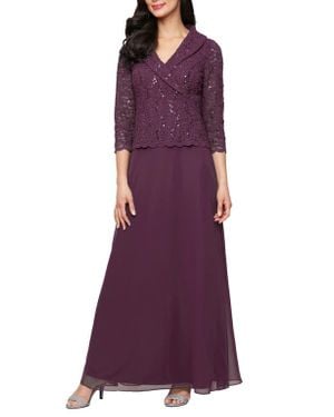 Alex Evenings Sequin Lace & Chiffon Cocktail Dress - Purple