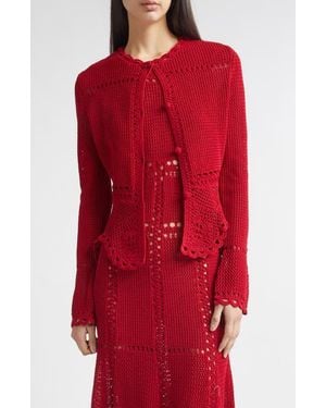 Erdem Open Knit Cotton Peplum Cardigan - Red