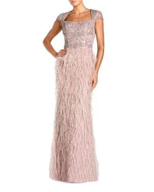 Mac Duggal Embellished Cap Sleeve Feather Gown - Pink