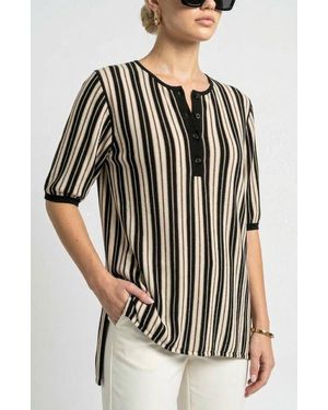 Knit & Lounge Elbow Sleeve Tunic Top With Split Neck And High Low Hem - Black