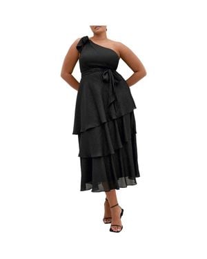 City Chic Metallic One-Shoulder Tiered Dress - Black