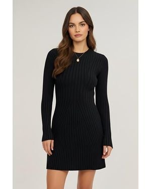 Modenaire Ribbed Knit Long Sleeve Flared Hem Sweater Dress - Black