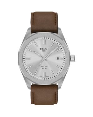 Tissot Prc 100 Solar Quartz Leather Strap Watch, 39Mm - Metallic