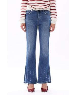 Bayeas Print Split Hem Mid Rise Flare Jeans - Blue