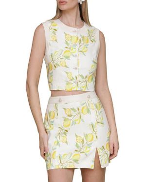 Avec Les Filles Lemon Print Linen Blend Crop Vest - Multicolor
