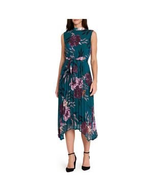Tahari Floral Pleated Midi Dress - Blue