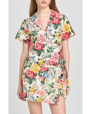 Wayf Amelia Short Sleeve Linen Blend Top - Multicolor