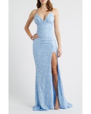 Emerald Sundae Sequin Lace-Up Back Mermaid Gown - Blue