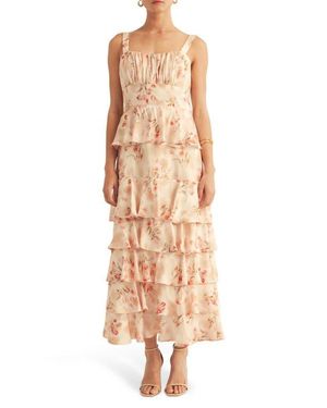 Arose Studio Blossom Print Sleeveless Tiered Gown - Natural