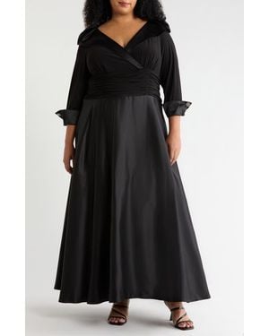Jessica Howard Rhinestone Button Cuff Sleeve Mixed Media Gown - Black