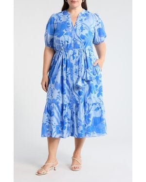 Sugarlips Beth Floral Button-Up Tiered Shirtdress - Blue