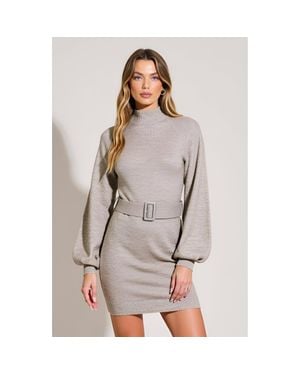 Modenaire Belted Mock Neck Balloon Sleeve Sweater Dress - Gray