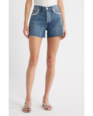 Rag & Bone Embellished High Waist Raw Hem Cutoff Denim Shorts - Blue