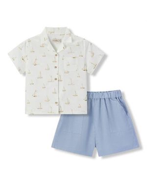 Milkbarn Collar Button-Up Shirt And Shorts Set - Blue