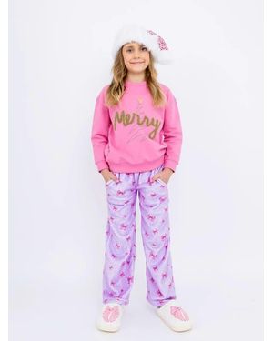 PREPPY GOOSE Plush Holiday Bows Loungewear Pant - Pink