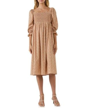 English Factory Floral Smocked Long Sleeve Midi Dress - Natural