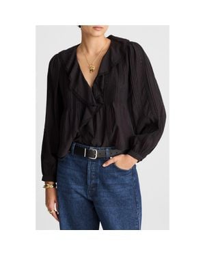 Madewell Lace Insert Ruffle Pintuck Long Sleeve Top - Black