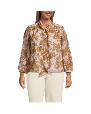 Lands' End Plus Size Chiffon Removable Tie Neck Blouse - Brown
