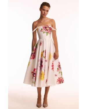 Milla Fit-And-Flare Satin Floral Midi Dress For Cocktail Events - White