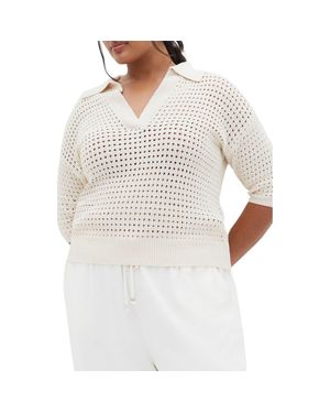 City Chic Zahra Open Stitch Johnny Collar Sweater - White