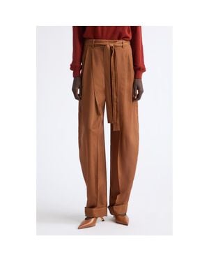 Ferragamo Belted Pleated Barrel Leg Virgin Wool Pants - Brown