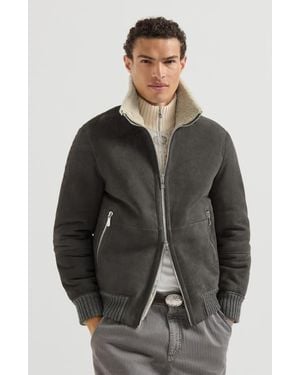 Brunello Cucinelli Suede Curly Shearling Bomber Jacket - Gray
