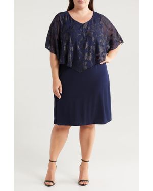 Connected Apparel Floral Jacquard Cape Overlay Cocktail Dress - Blue