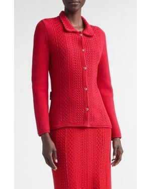 St. John Cotton Blend Mixed Stitch Sweater Jacket - Red