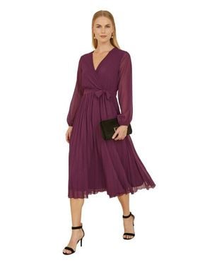 Yumi' Long Sleeved Pleated Midi Wrap Dress - Red