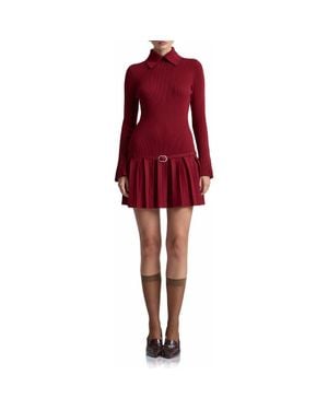 Avec Les Filles Drop Waist Pleated Sweater Dress - Red