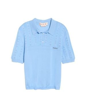 Marni Short Sleeve Openwork Knit Virgin Wool & Silk Polo Sweater - Blue