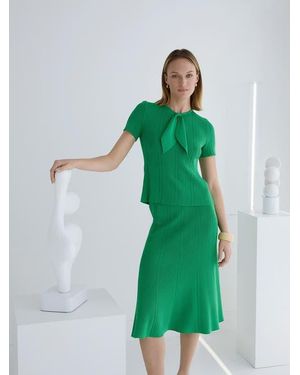Misook Tonal Faux Tie Neck Soft Ribbed Knit Top - Green