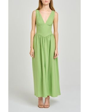 Wayf Vivia Plunge Neck Drop Waist Midi Dress - Green