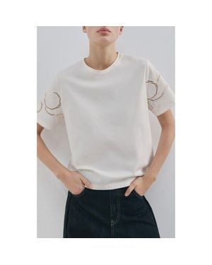 Mango Openwork Embroidered Cotton T-Shirt - Gray