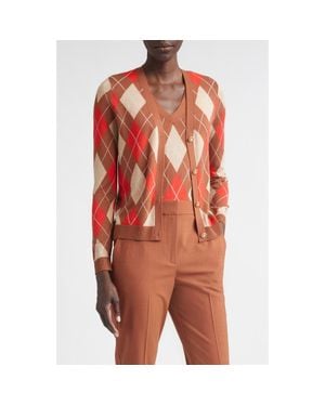 St. John Argyle Plaid Wool Blend Cardigan - Red