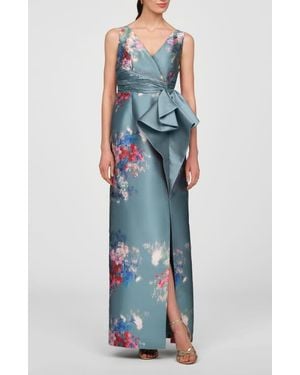 Kay Unger Kathleen Placed Floral Mikado Column Gown - Blue