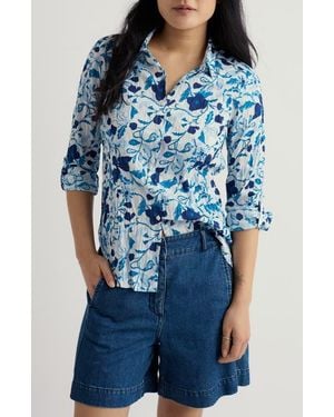 Seasalt Cornwall Larissa Floral Crinkled Organic Cotton Button-Up Shirt - Blue