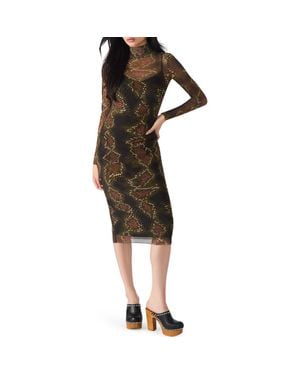 Steve Madden Vivienne Snake Print Long Sleeve Turtleneck Mesh Midi Dress - Black