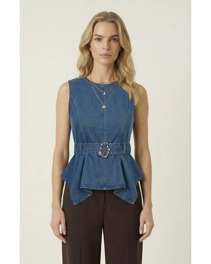 Modenaire Belted Denim Peplum Top - Blue