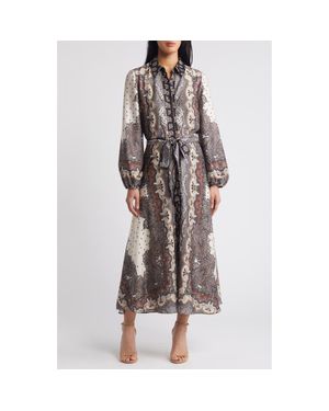 Julia Jordan Tie Belt Long Sleeve Midi Shirtdress - Gray
