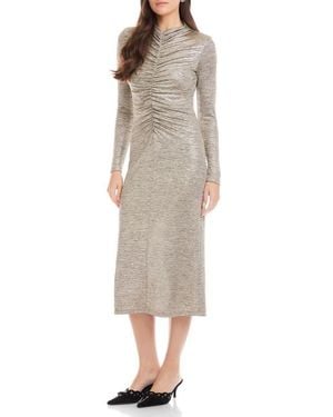 Fifteen Twenty Selena Foil Knit Ruched Long Sleeve Midi Dress - Natural