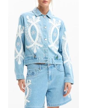 Desigual Beaded Lace Detail Denim Trucker Jacket - Blue