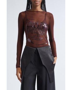Jean Paul Gaultier Sequin Embellished Long Sleeve Mesh Top - Brown