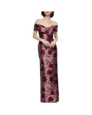 Alfred Sung Floral Brocade Off The Shoulder Gown - Purple