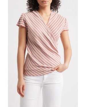 Loveappella Puckered Stripe Wrap Front Top - Pink