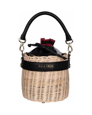 Kai & Vrosi Leather & Straw Bucket Bag With Drawstring - Black