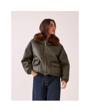 Nasty Gal Faux Fur Collar Bomber Jacket - Brown