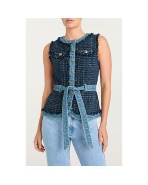 Cinq À Sept Joans Belted Tweed Denim Trim Vest - Blue